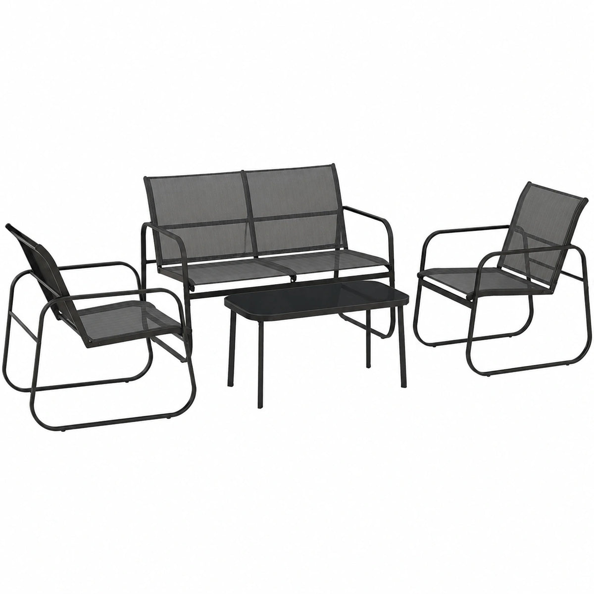 Outsunny 4-teiliges Gartenmöbelset: Zweisitzer, 2 Stühle und Tisch aus Mesh, Schwarz
