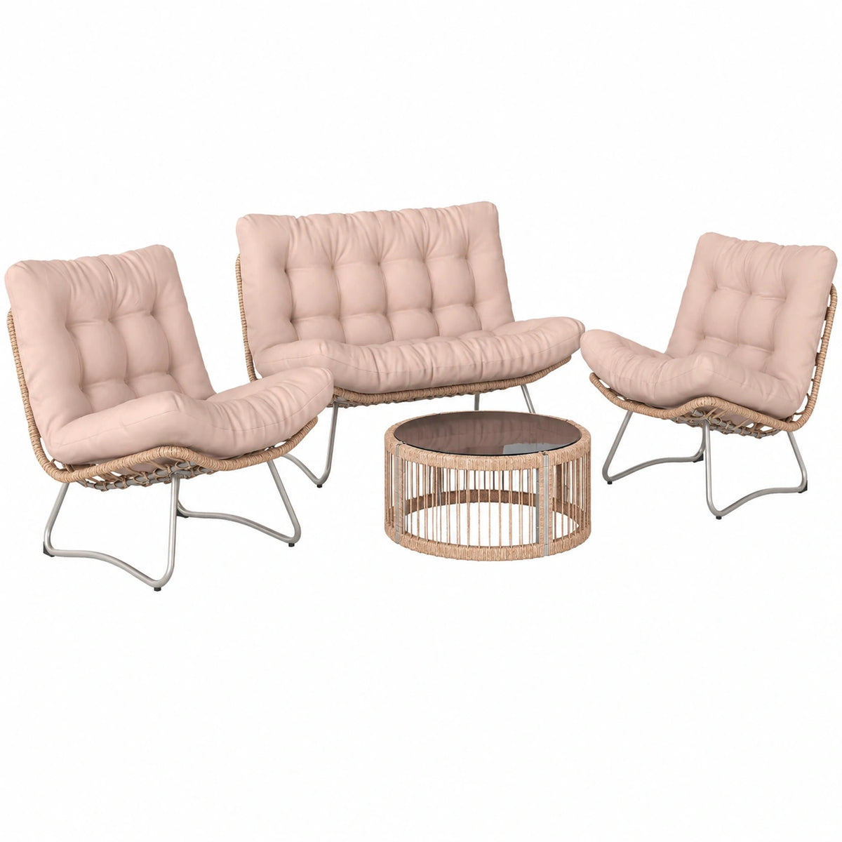 4-teiliges Polyrattan Gartenmöbel-Set mit Sofas, Sesseln und Glastisch, inklusive Kissen - Für Terrasse und Balkon, Braun