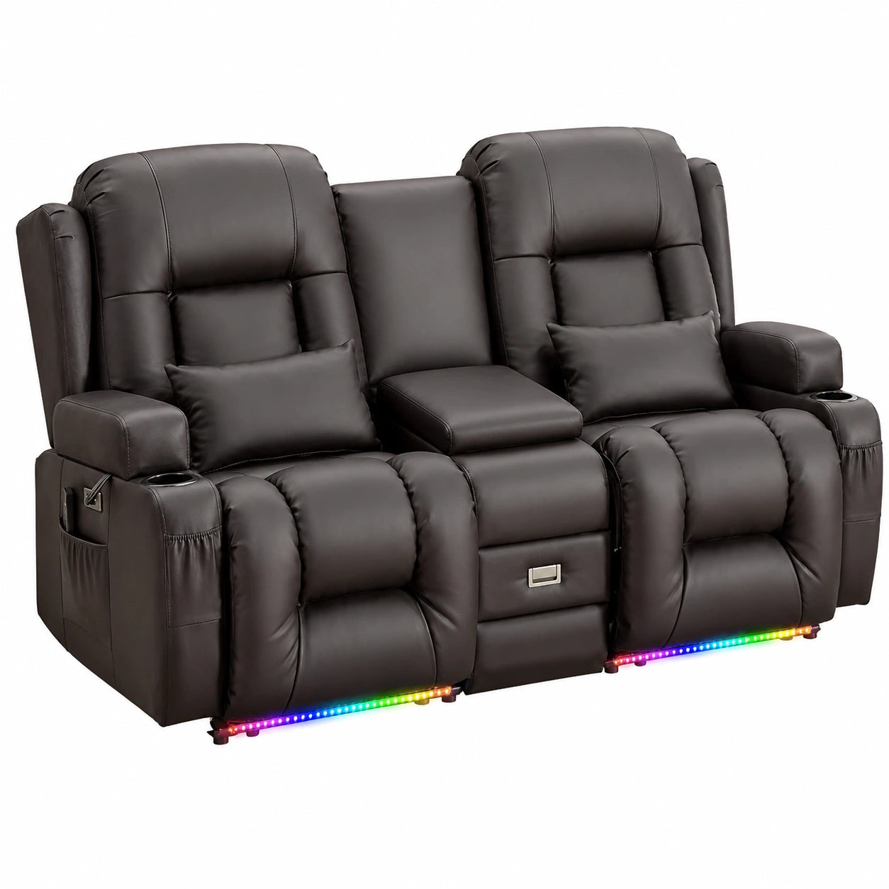 Elektrischer Relaxsessel für Zwei mit Massage und Heizung, Kunstleder, Dunkelbraun, Multifunktionaler TV-Sessel mit Mittelkonsole