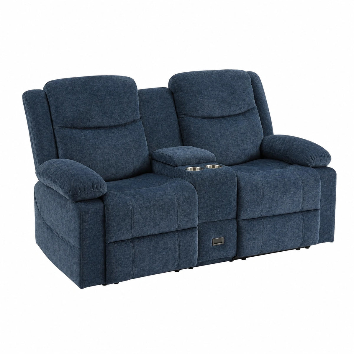 Komfortables Doppelliegesofa mit Stoffbezug, Mittelkonsole und Becherhaltern, ideal für Wohnzimmer oder Büro in Blau
