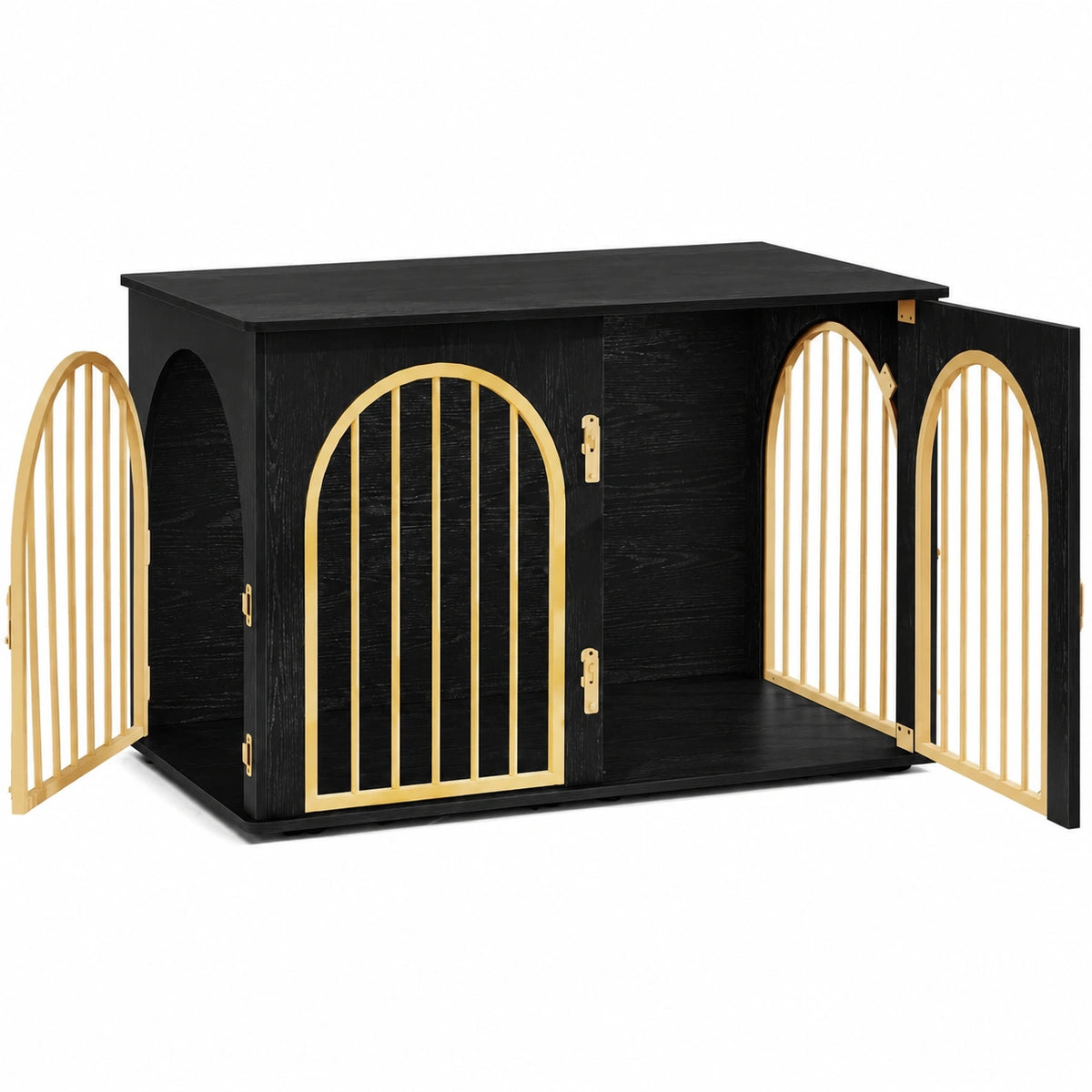 Stilvolle Hundebox aus Holz mit drei Türen, 100 cm, Indoor Beistelltisch, robust, Schwarz-Gold