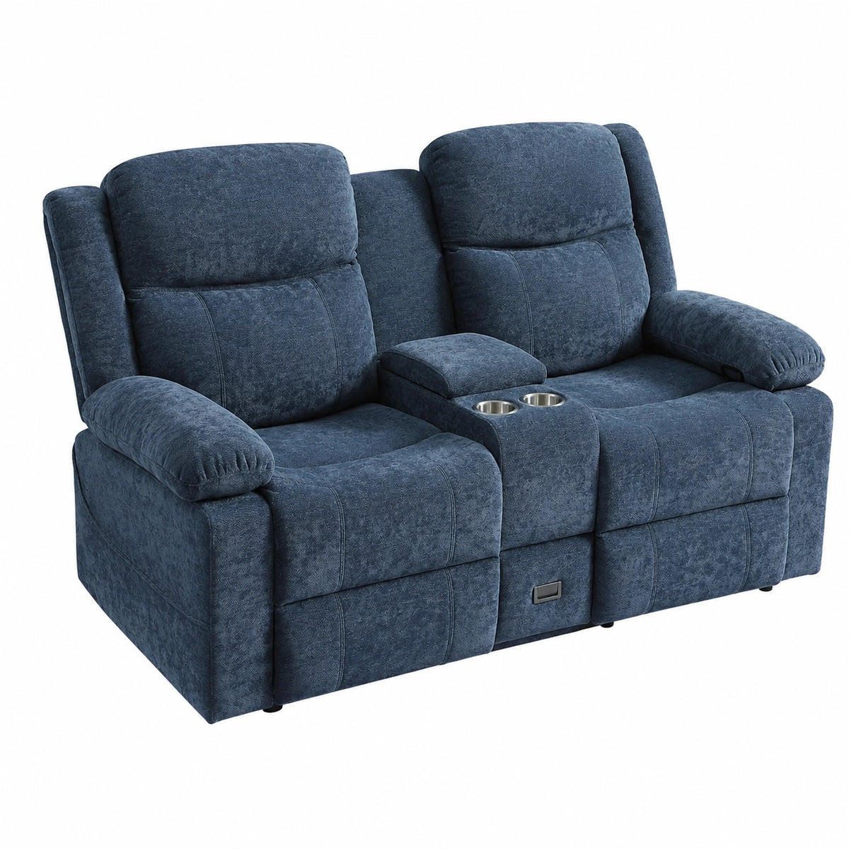 Doppelsitz-Relaxsessel mit Liegefunktion und Konsole, Fernsehsessel mit Steckdose und Schublade, Chenille-Optik Zweisitzer Sofa für Wohnzimmer, Blau, 175 cm