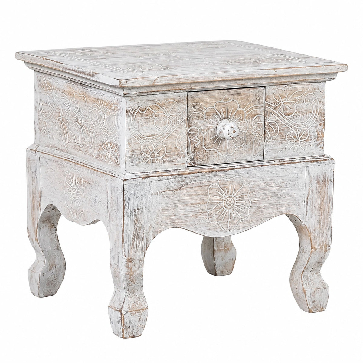 Handgefertigter Balinesischer Opiumtisch mit Schublade - 40x40x40cm, Asiatischer Flair für Ihr Zuhause (Whitewash)