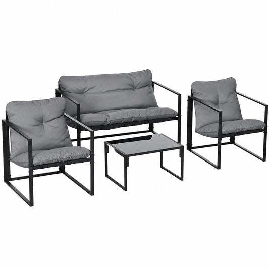 Outsunny 4-Personen Gartenmöbel-Set, Stahl, Wetterfest, mit Sofa, Sessel und Glastisch, Sitzkissen, für Garten, Terrasse oder Balkon, Grau-Schwarz