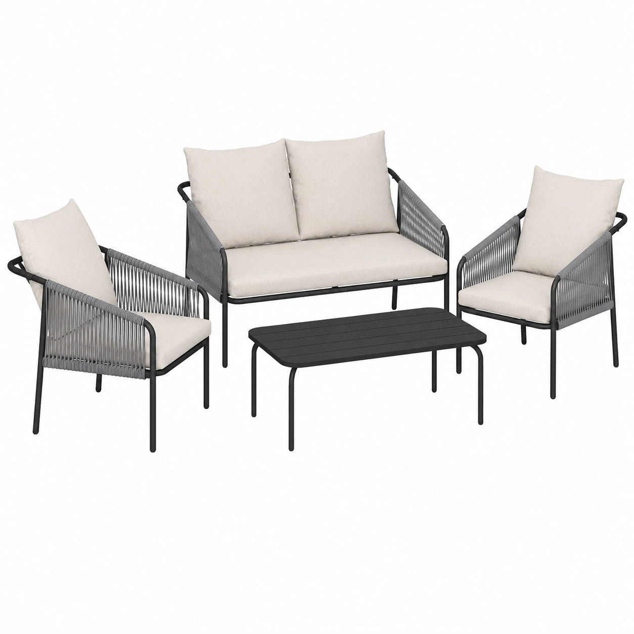Outsunny 4-teiliges Garten-Lounge-Set aus Polyrattan mit Sofa, Sesseln und Tisch, abnehmbare Kissen, Stahlrahmen, Balkonmöbel für 4 Personen, Farbe Khaki