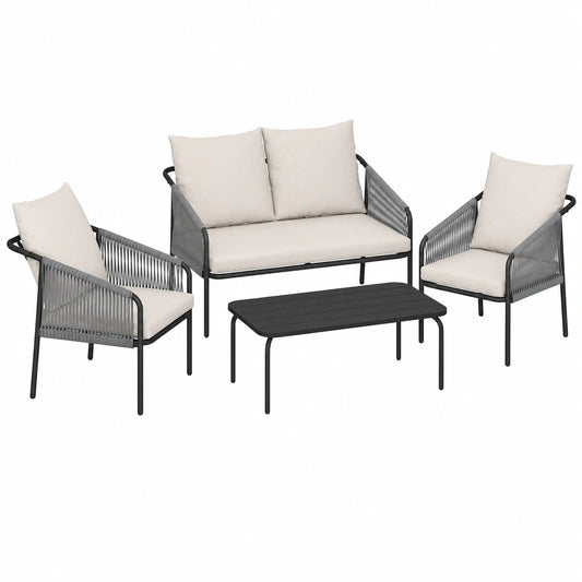 Outsunny 4-teiliges Garten-Lounge-Set aus Polyrattan mit Sofa, Sesseln und Tisch, abnehmbare Kissen, Stahlrahmen, Balkonmöbel für 4 Personen, Farbe Khaki