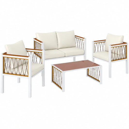 4-teiliges Polyrattan Gartenmöbel-Set mit abnehmbarem Glastisch und Kissen, für Balkon oder Garten, Cremeweiß
