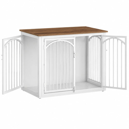 Elegante Hundebox aus Holz, 4 Türen, 100cm, für mittelgroße bis große Hunde, Beistelltisch-Design, Braun und Weiß