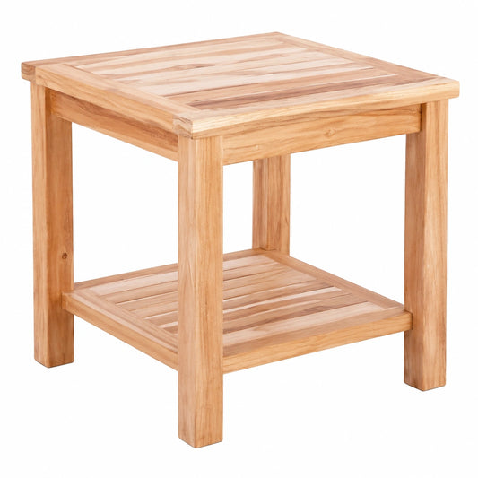Massiver Teakholz-Beistelltisch für Garten, Balkon & Terrasse – Wetterfest, Quadratisch, 50x50 cm mit Ablage