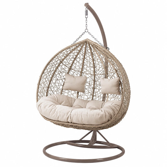 Polyrattan Doppelschaukel mit Gestell und Kissen, Outdoor-Hängesitz für 2 Personen in Beige