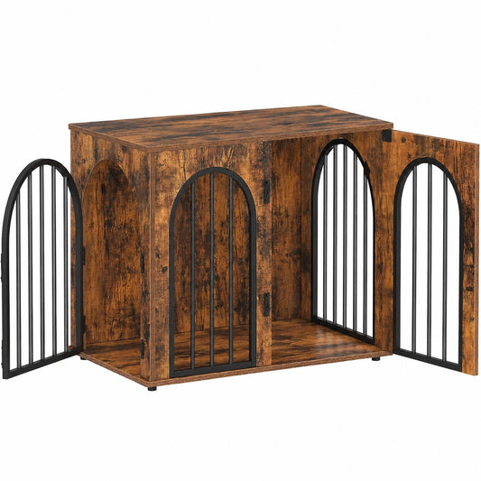 Hzuaneri Multifunktionale Hundebox, 68cm Indoor-Hundekäfig mit 3 Türen, Bogentür, Robust als Beistelltisch, 68 x 49 x 56 cm, Vintagebraun