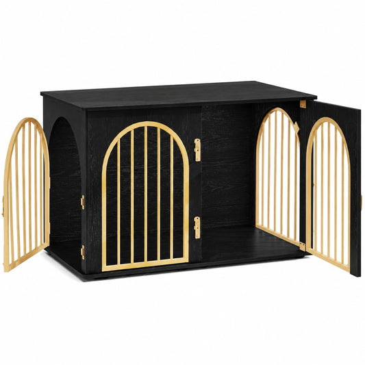 Stilvolle Hundebox aus Holz mit drei Türen, 100 cm, Indoor Beistelltisch, robust, Schwarz-Gold
