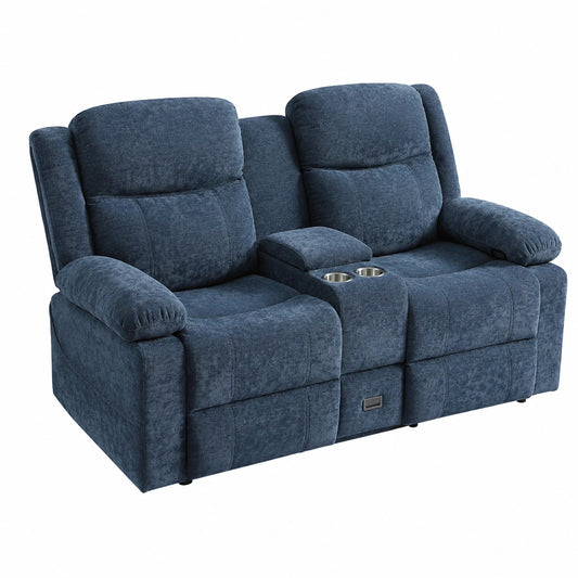 Doppelsitz-Relaxsessel mit Liegefunktion und Konsole, Fernsehsessel mit Steckdose und Schublade, Chenille-Optik Zweisitzer Sofa für Wohnzimmer, Blau, 175 cm