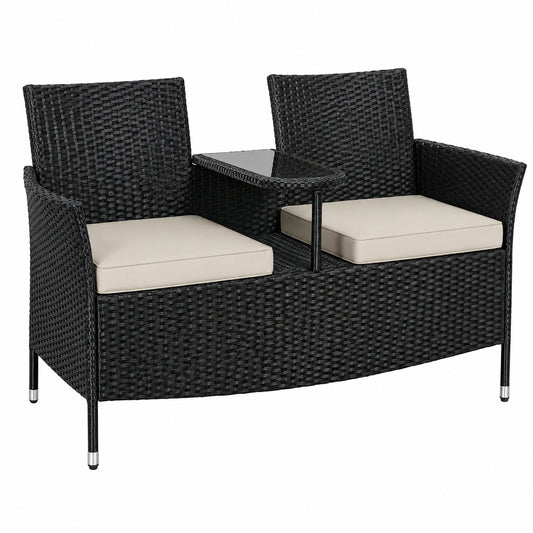 Robuste Polyrattan Gartenbank für 2 Personen mit Tisch, wetterfest, 350 kg Belastung, ideal für Terrasse und Balkon, Schwarz-Beige