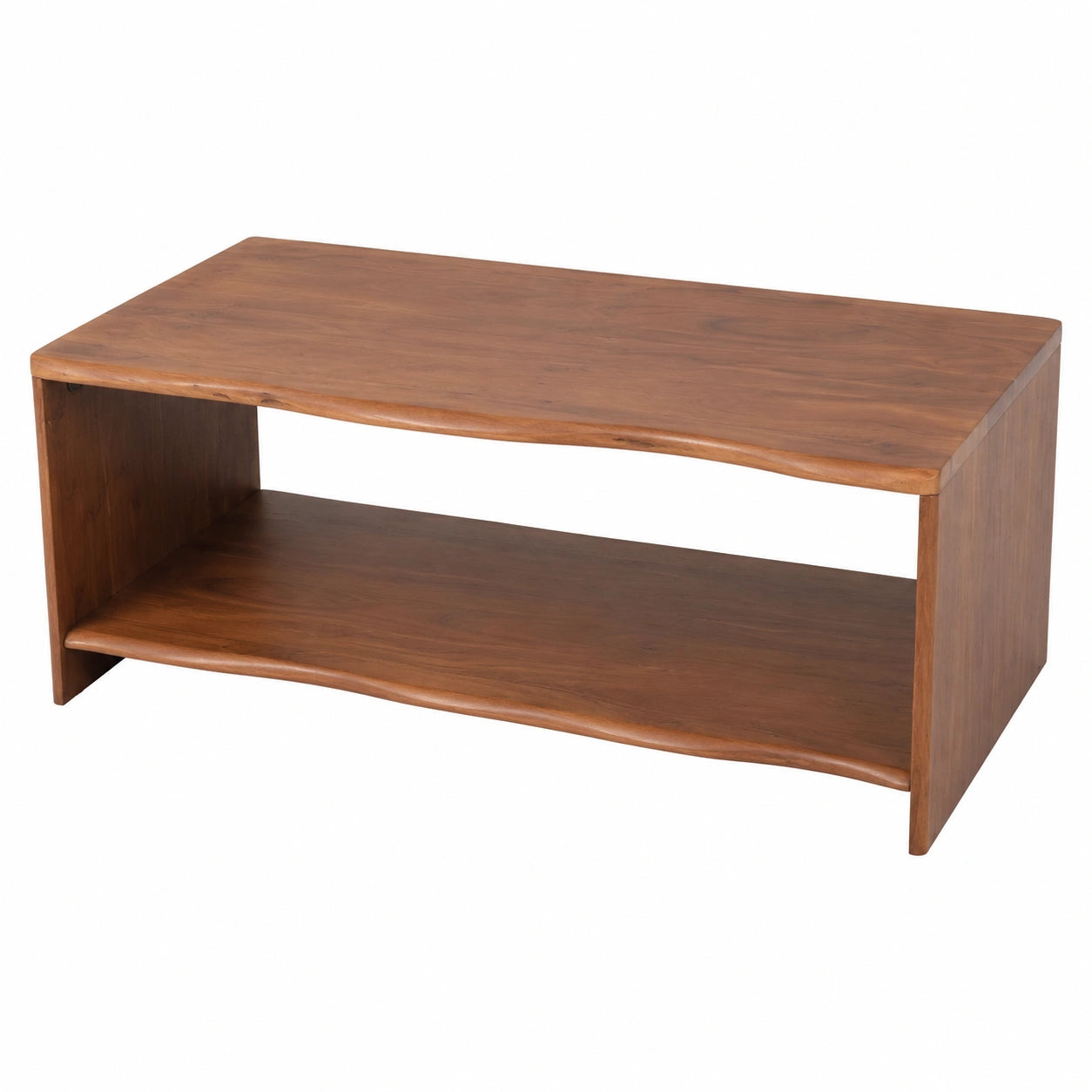 Massiver Akazienholz-Couchtisch Ada mit Baumkante und Ablage, Nussbaumoptik, 115 x 55 x 45 cm
